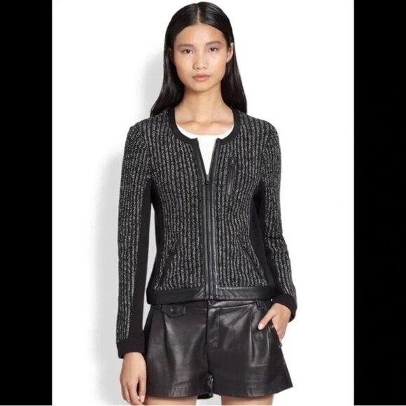 Rag & Bone Black and Silver Paula Knit Leather Trim Jacket XXS - Picture 3 of 11